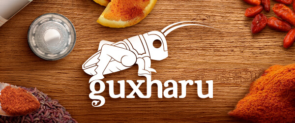 portada de proyecto Guxharu, elementos como gajos de naranja, chile en polvo, sal en polvo, mezcal y copas sobre una mesa de madera