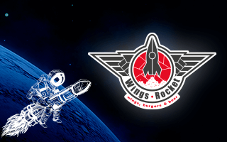 Se ve el logo de Wings Rocket en la orbita de la tierra, acompañado de un astronauta montado en un cohete ilustrado