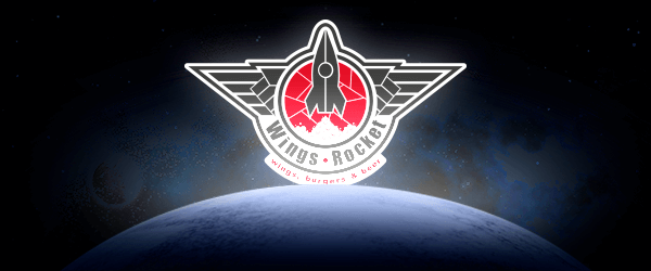 Portada de proyecto WingsRocket, logo del restaurante saliendo de la atmosfera del la tierra visto desde el espacio